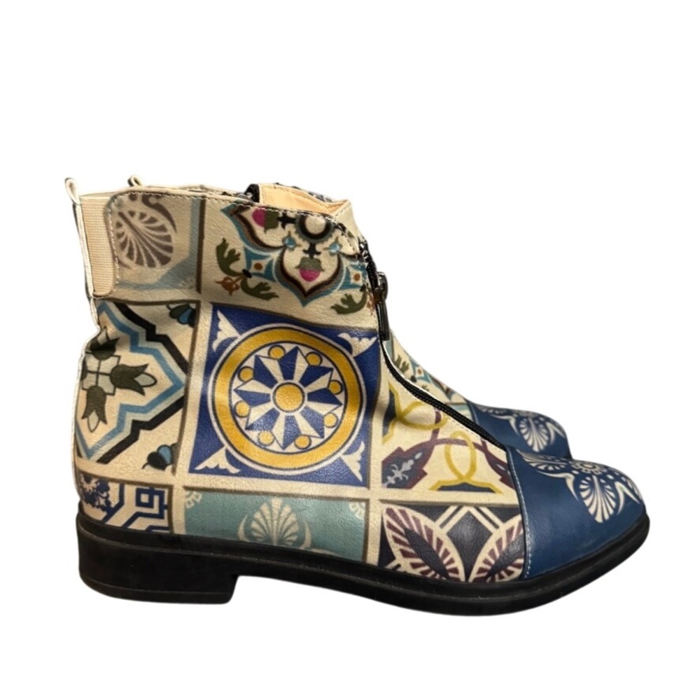 Goby Blue Tile Print Front Zip Ankle Boots Pointed Toe Low Heel Size 38